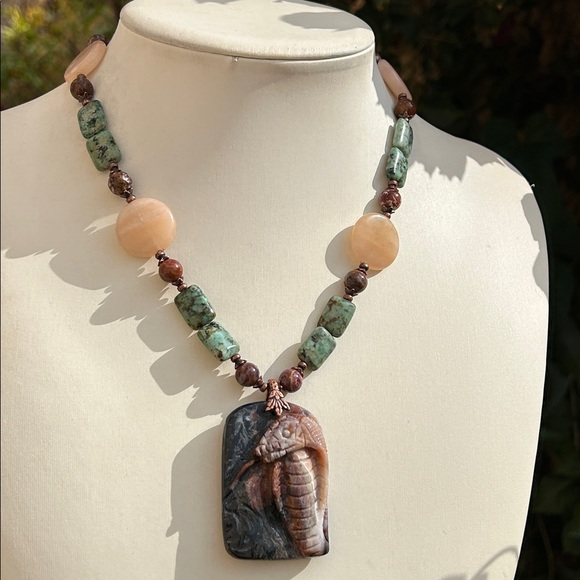Jewelry - Handcrafted Turquoise Agate Carved Snake Pendant Necklace
